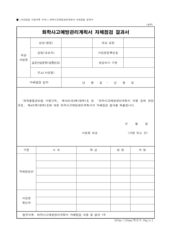 화학사고예방관리계획서 자체점검 결과서