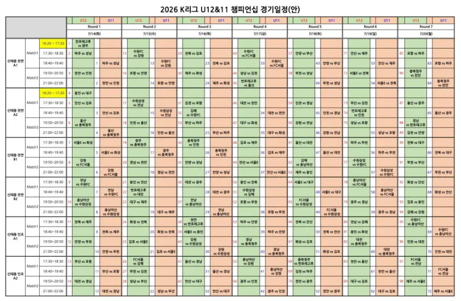 2026 K리그 U12&11 챔피언십 경기 일정 및 대진표 (7월 14일 ~ 7월 20일)