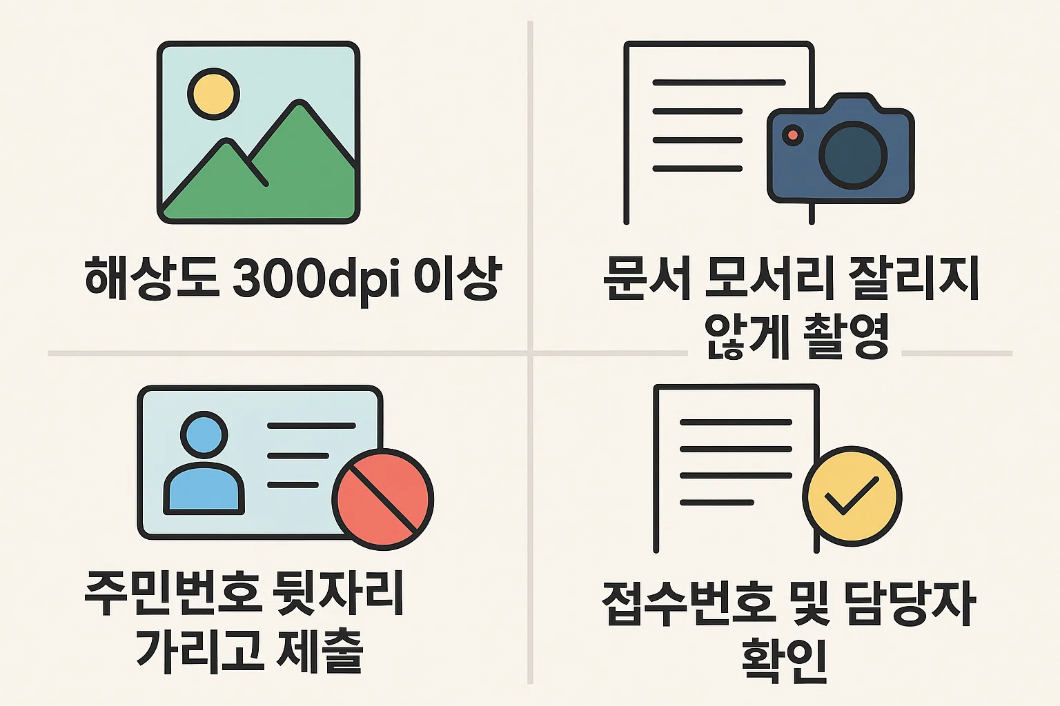 해상도 300dpi 이상으로 촬영하고 문서가 잘리지 않도록 제출하며, 주민번호 뒷자리 마스킹과 접수번호 확인 등 서류 제출 시 주의해야 할 사항을 정리한 인포그래픽입니다.