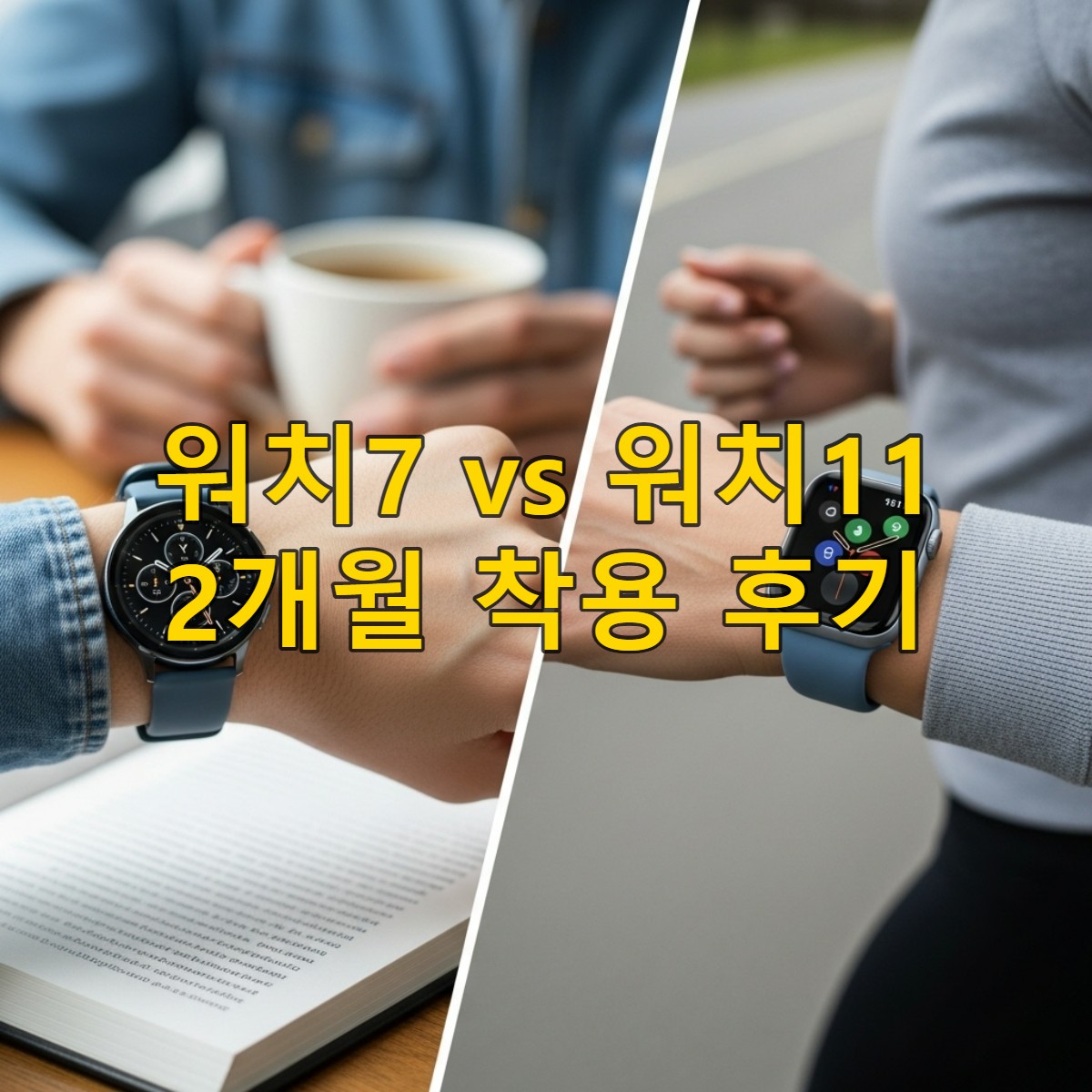 클래식한 갤럭시 워치7과 모던한 애플 워치11을 착용한 두 손목이 디자인과 착용감의 차이를 보여주는 비교 이미지