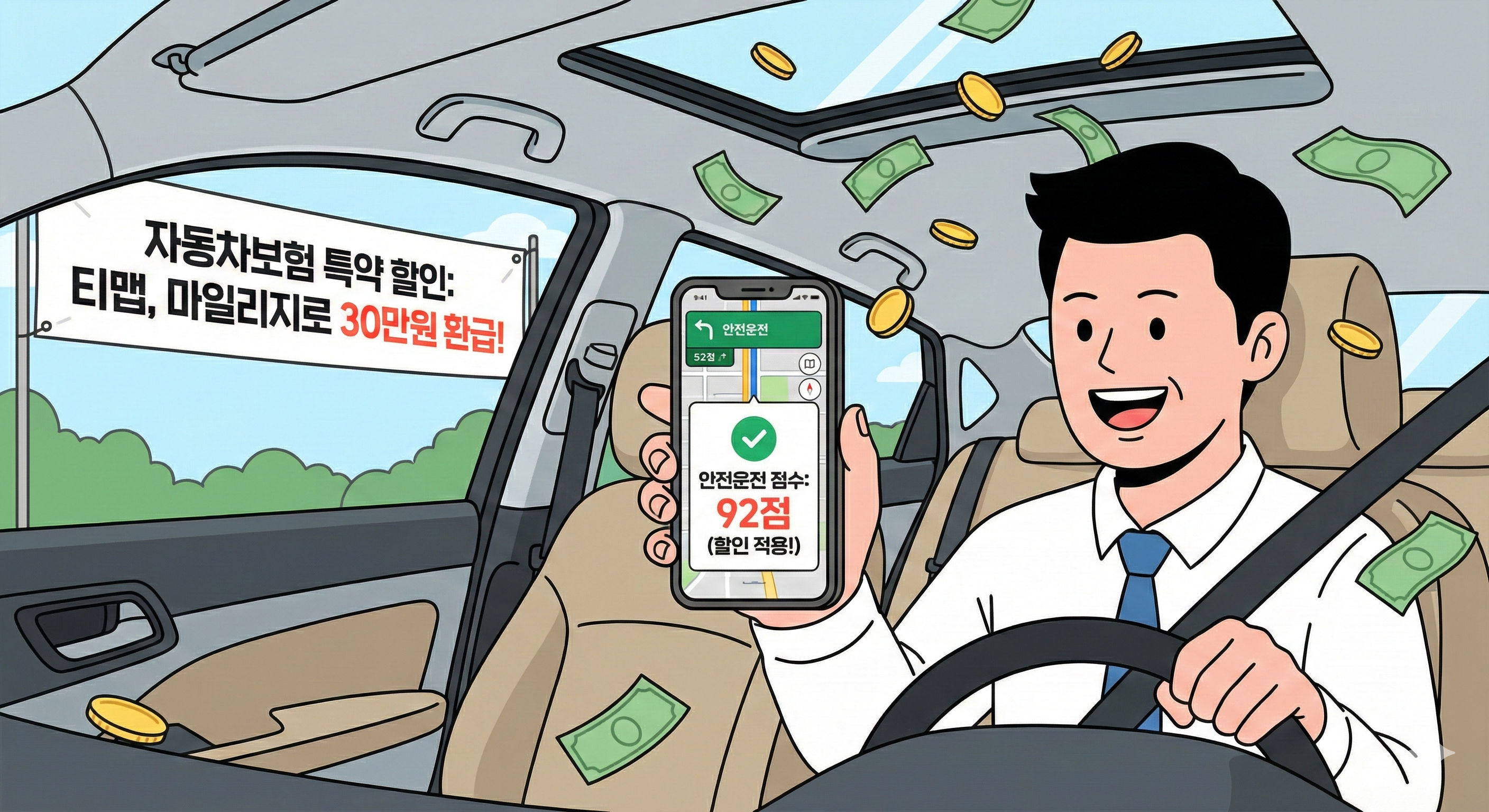 2026년 자동차보험 특약 할인 꿀팁 일러스트. 운전석에 앉은 남성이 스마트폰으로 '안전운전 점수: 92점(할인 적용)' 화면을 보여주며 웃고 있고, 차 내부에는 현금과 동전이 비처럼 쏟아지는 모습. 창밖에는 '자동차보험 특약 할인: 티맵, 마일리지로 30만원 환급!'이라는 현수막이 걸려 있음.