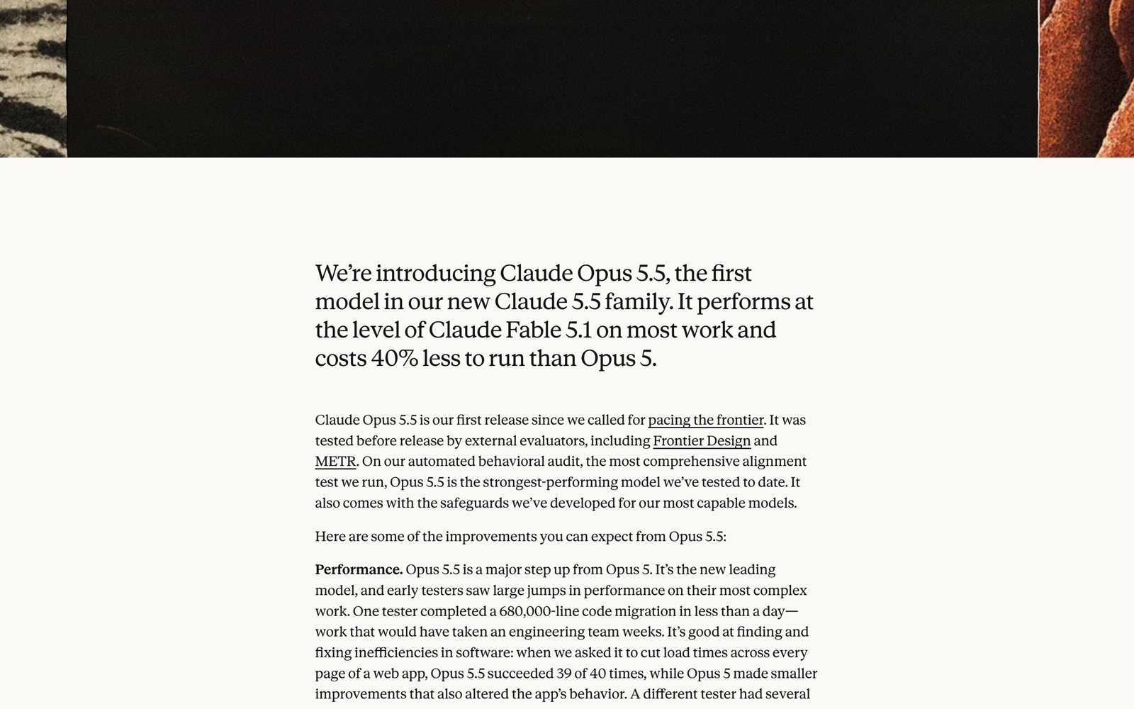 앤트로픽의 Claude Opus 5.5 발표문 도입부, 페이블 5.1 수준 성능과 40% 비용 절감 문장