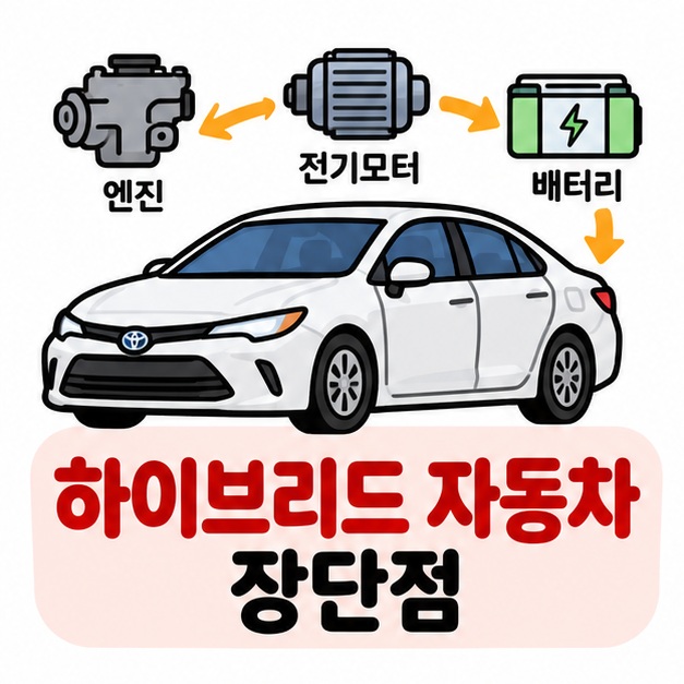 엔진과 전기모터가 함께 표시된 자동차 아이콘 옆에 하이브리드 자동차 장단점 문구를 크게 보여주는 대표 카드