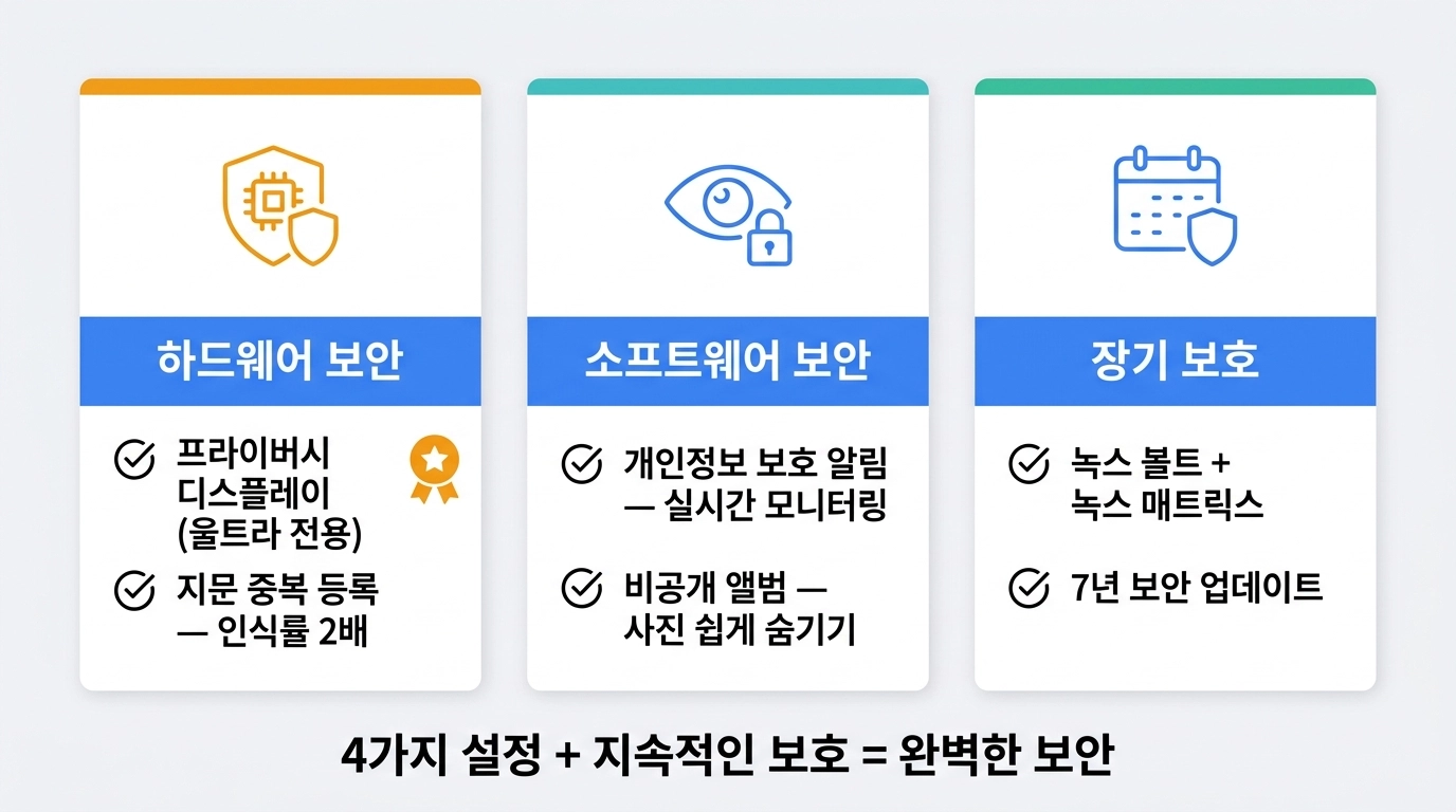 갤럭시 S26 시리즈 보안 설정 체크리스트 프라이버시 디스플레이 지문 중복 등록 개인정보 보호 알림 비공개 앨범 4가지 항목을 정리한 인포그래픽