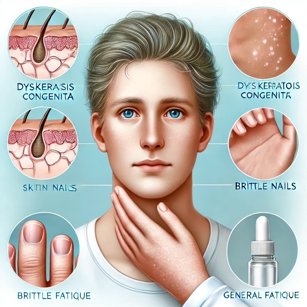 선천성 이상각화증(Dyskeratosis Congenita) 환자의 특징적인 증상: 피부 이상, 손톱 변화, 피로감 등을 표현한 의료 일러스트