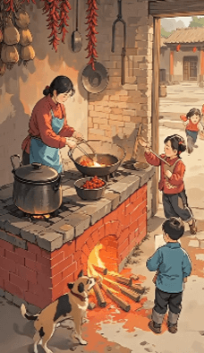 옛날-시골-부뚜막에-아궁이에는-장작불이-활활-타오르고-어린이-두명이-엄마가-요리하는-모습을-구경하는-모습