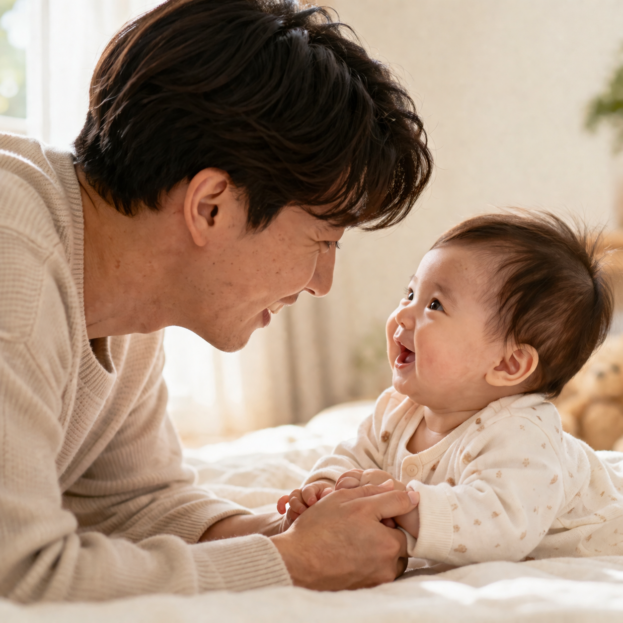 아이와 눈을 맞추며 웃는 부모의 모습