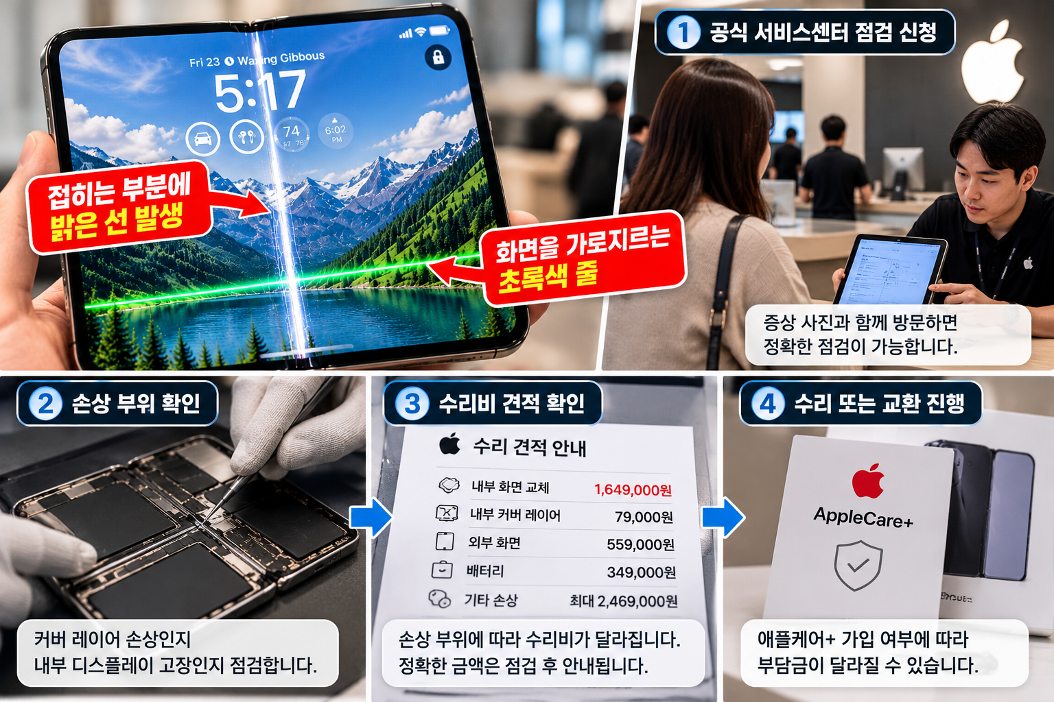 아이폰 듀오 화면에 초록색 줄이나 밝은 세로선이 생겼을 때 애플 공식 서비스센터 점검, 수리비 확인 및 교환 절차