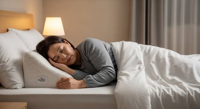 상체를 높이고 왼쪽으로 누운 취침 자세 교정 이미지