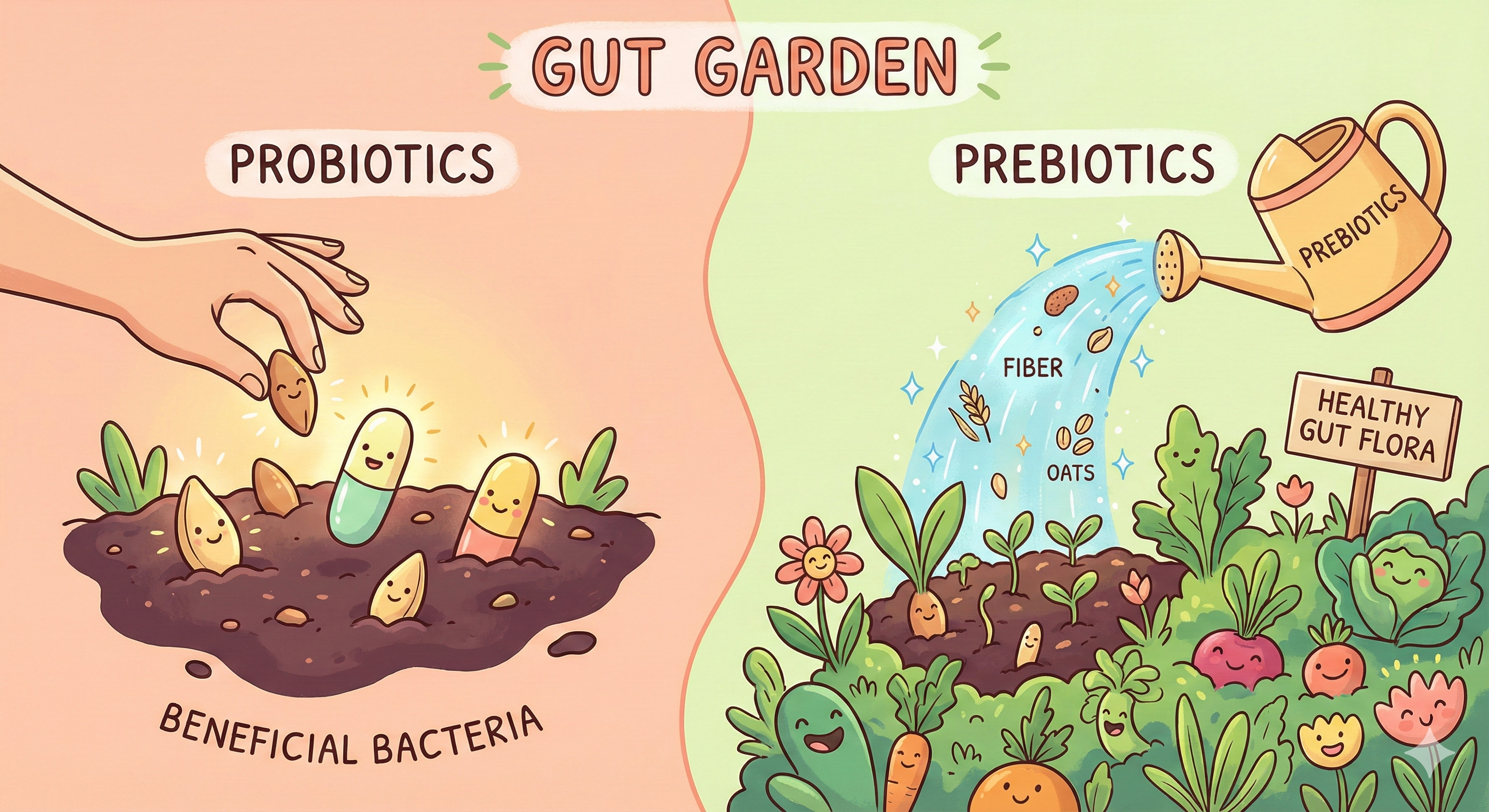 건강한 '장 정원'을 만들기 위해서는 **좋은 씨앗(프로바이오틱스)**을 심는 것도 중요하지만, 그 씨앗이 잘 자랄 수 있도록 **좋은 먹이(프리바이오틱스)**를 함께 공급해 주는 것이 중요하다는 것을 시각적으로 보여주고 있습니다.
