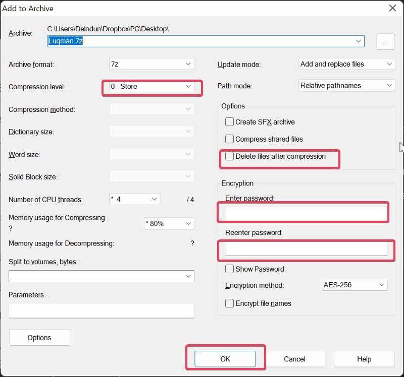 7zip 메뉴의 압축 암호 설정