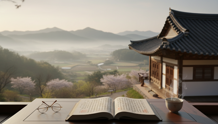 전통적인 한국 한옥 서재에 펼쳐진 순흥 안씨 족보와 평화로운 아침 풍경