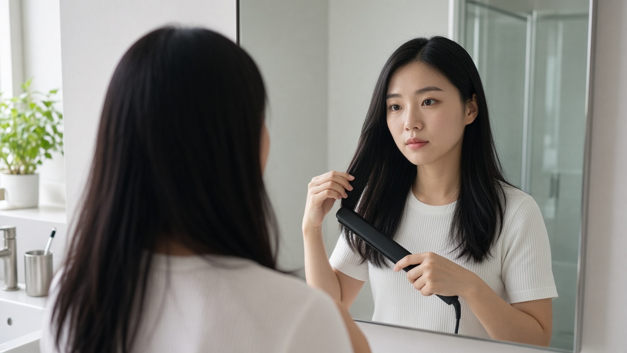 거울 앞에서 헤어 스트레이트너로 머리를 펴는 20대 한국인 여성