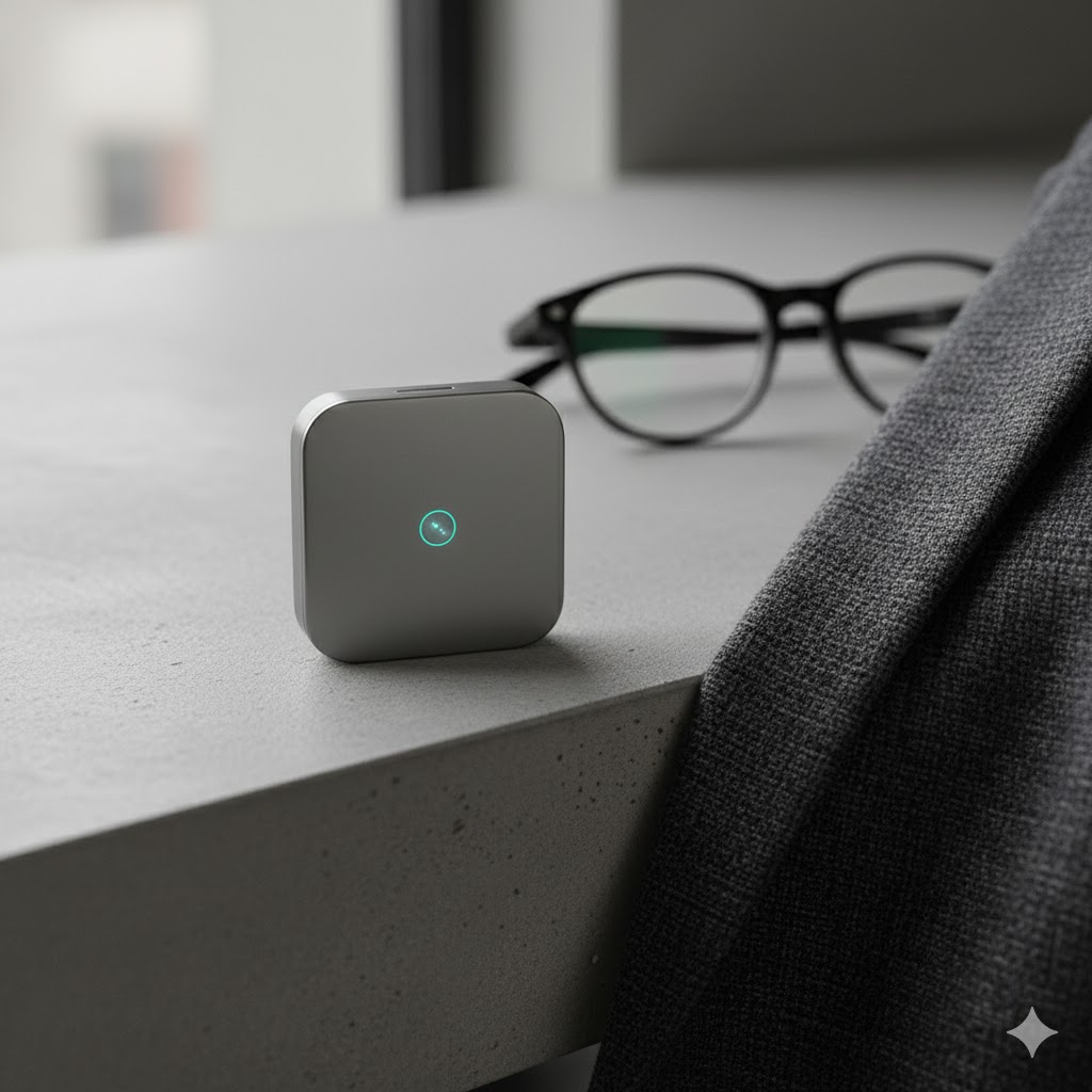휴메인 AI 핀이 테이블 위에 놓여 있고, 그 옆에는 안경과 회색 천이 흐릿하게 배경으로 보인다. AI 핀 중앙에는 녹색 불빛이 켜져 있다.