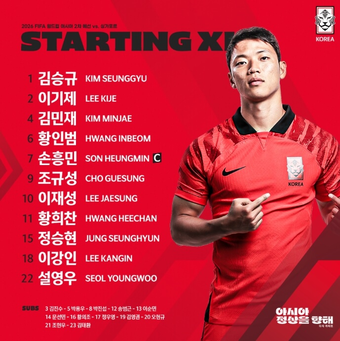 2026년 월드컵 예선 대한민국 싱가포르 선발 라인업