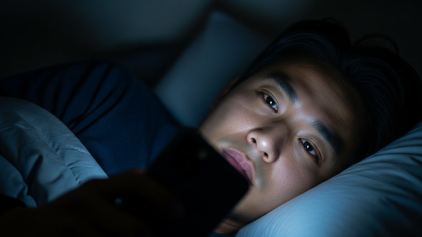 어두운 밤, 스마트폰의 강한 빛에 노출되어 뇌 피로를 느끼는 남성의 표정