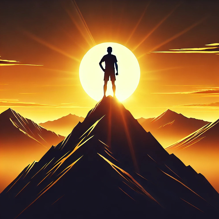 산 정상에 서 있는 사람의 실루엣과 그 뒤로 떠오르는 태양.