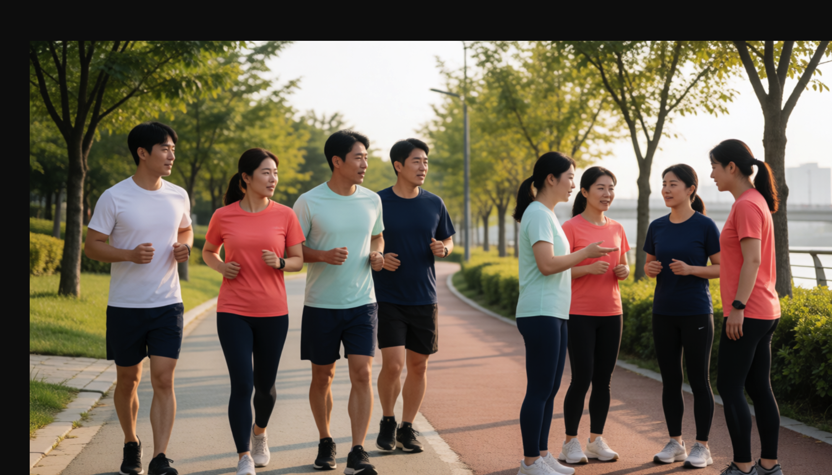 강변 공원에서 달리는 네 명과 옆에서 대화하는 네 명이 나뉜 모습