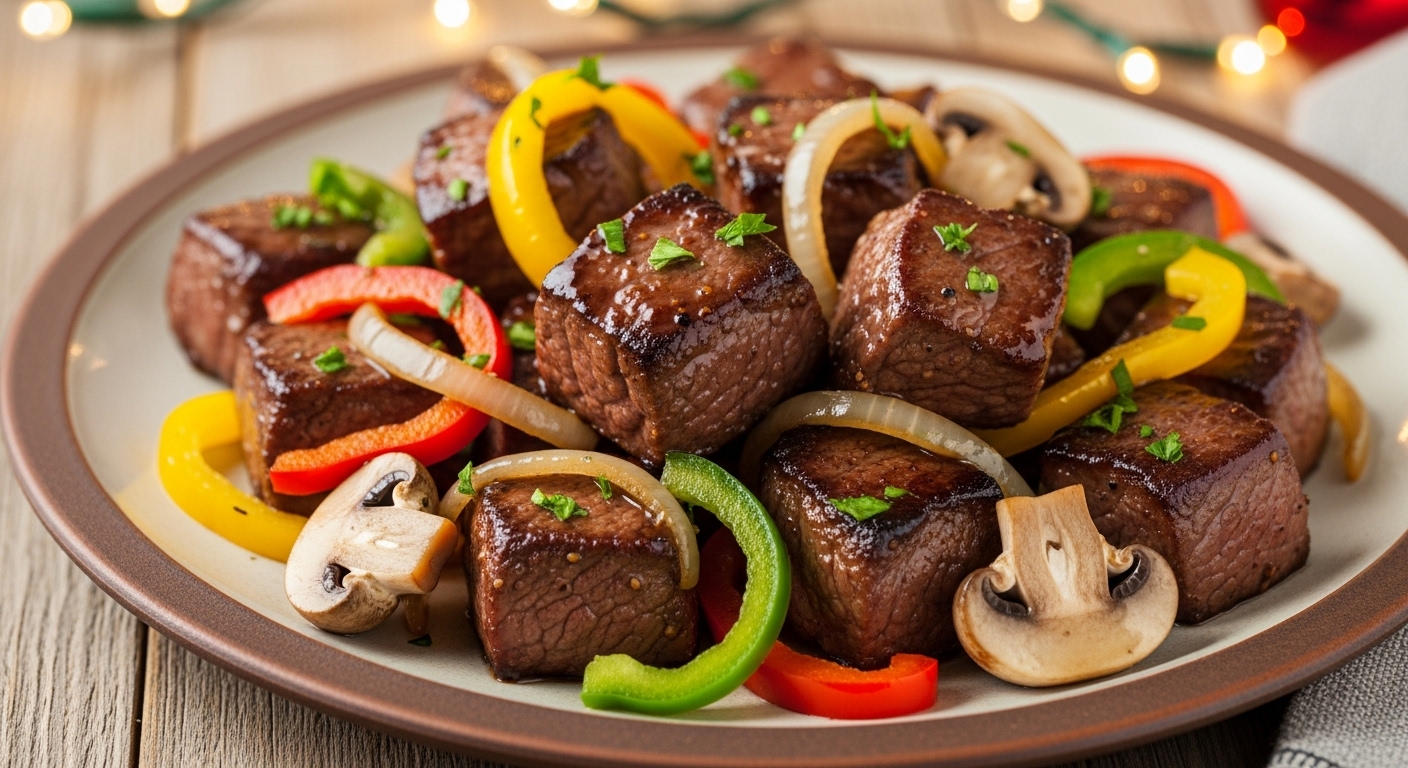 한입 크기로 썰어 먹기 좋게 볶아진 미니 찹스테이크. 다채로운 색감의 파프리카, 양파, 버섯이 어우러져 더욱 먹음직스러우며, 홈파티 메인 요리로 완벽한 비주얼을 자랑합니다.