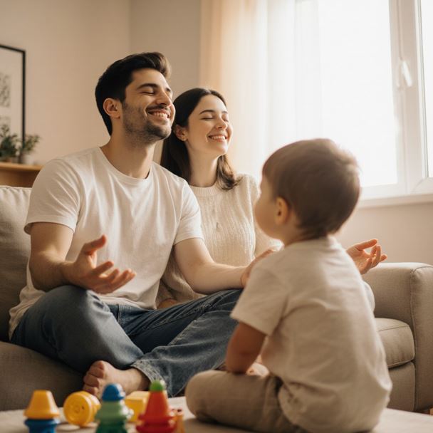 따뜻한 자연광이 들어오는 창가에서 젊은 부모가 아기와 함께 소파에 편안하게 앉아 있는 모습