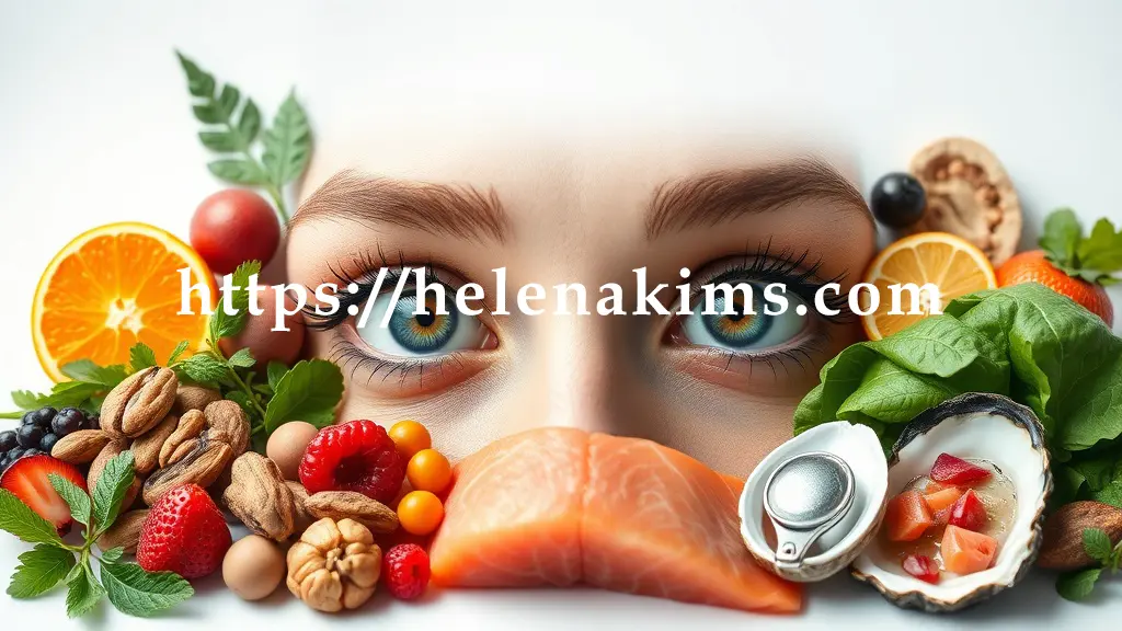 중앙에 맑고 투명하게 빛나는 눈동자가 자리 잡고, 그 주위를 비타민 C (오렌지, 베리), 비타민 E (견과류), 루테인 (시금치), 오메가-3 (연어), 아연 (굴) 등 백내장 예방에 좋은 영양소가 풍부한 신선한 음식 아이콘들이 둘러쌓인, 밝고 영양 가득한 분위기.