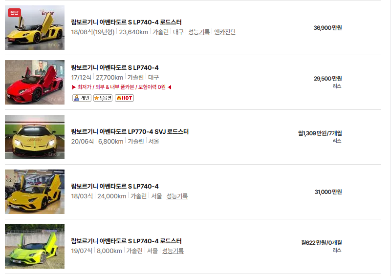 람보르기니 아벤타도르 중고차 가격 시세표 연비