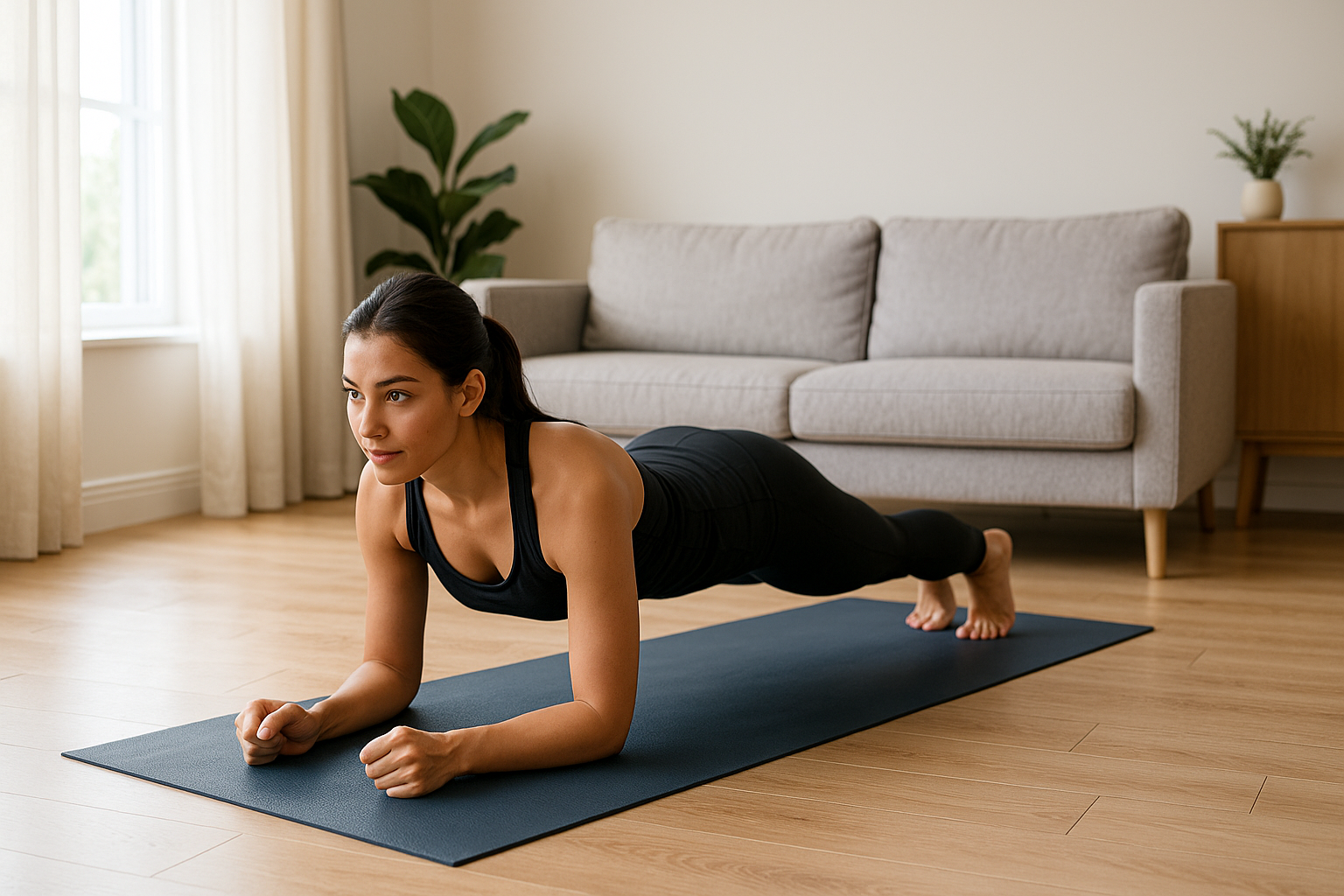 홈트레이닝 중 플랭크 자세를 하고 있는 여성, 거실의 요가매트 위