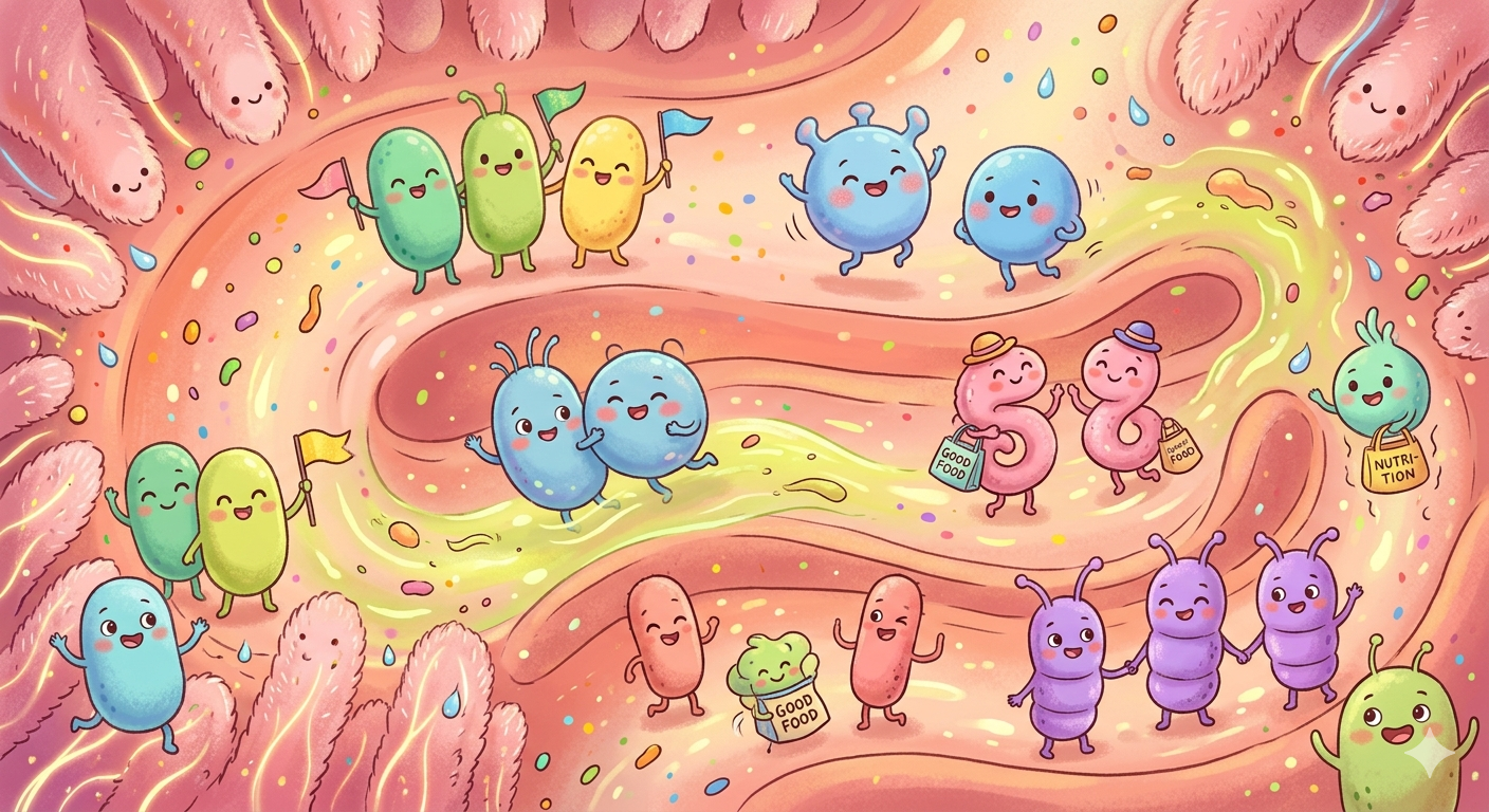 장 속에 살고 있는 미생물들을 귀엽고 친근하게 표현한 일러스트 이미지