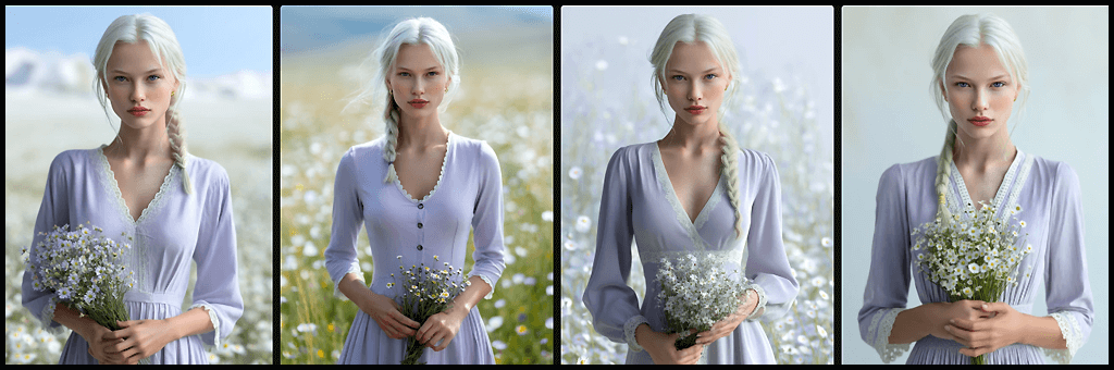 Midjourney OREF 활용, 작은 야생화 부케를 들고 희망과 순수함을 표현하는 연보라색 드레스의 여성 인물 전신 이미지_Midjourney
