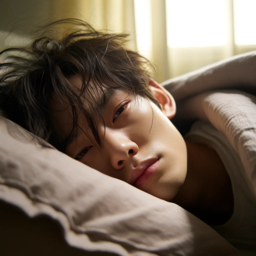 침대에 누워 피곤한 얼굴로 눈을 뜨는 사람의 모습