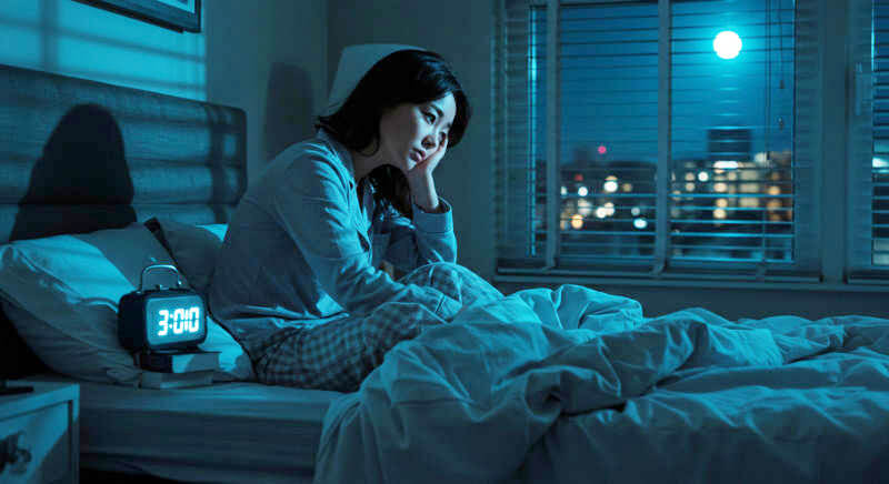 불면증 증상으로 잠을 이루지 못하는 지친 여성