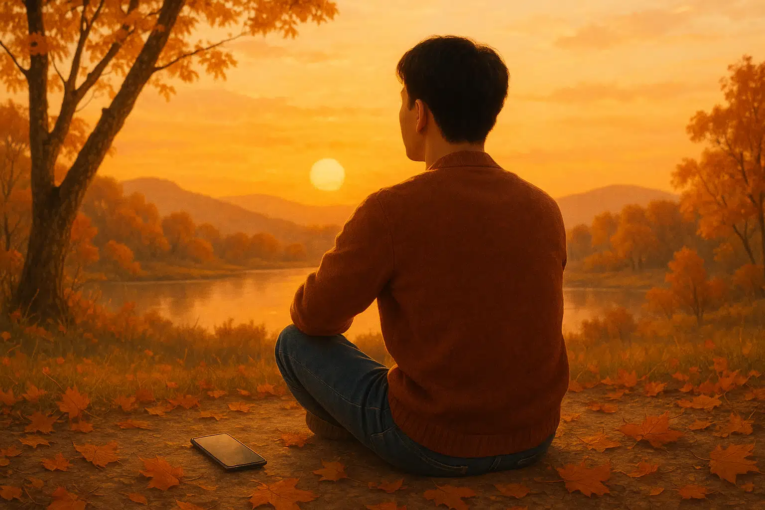 스마트폰을 내려두고 노을을 바라보는 사람