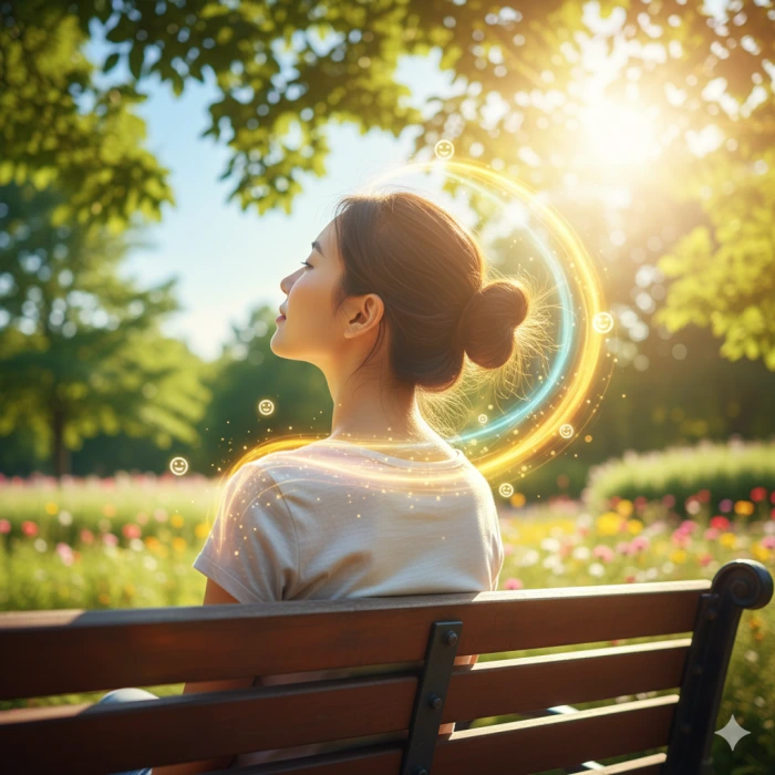 따뜻한 햇살을 맞으며 평화롭게 휴식하는 사람의 모습. 햇살이 피부에 스며들어 비타민 D 합성을 암시하고, 머리 주변에는 행복감을 상징하는 세로토닌 파동이 표현된 이미지.