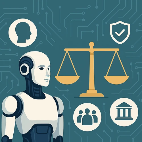 AGI 윤리 원칙을 상징하는 휴머노이드 로봇과 저울, 보안·공정성·책임성을 나타내는 아이콘들