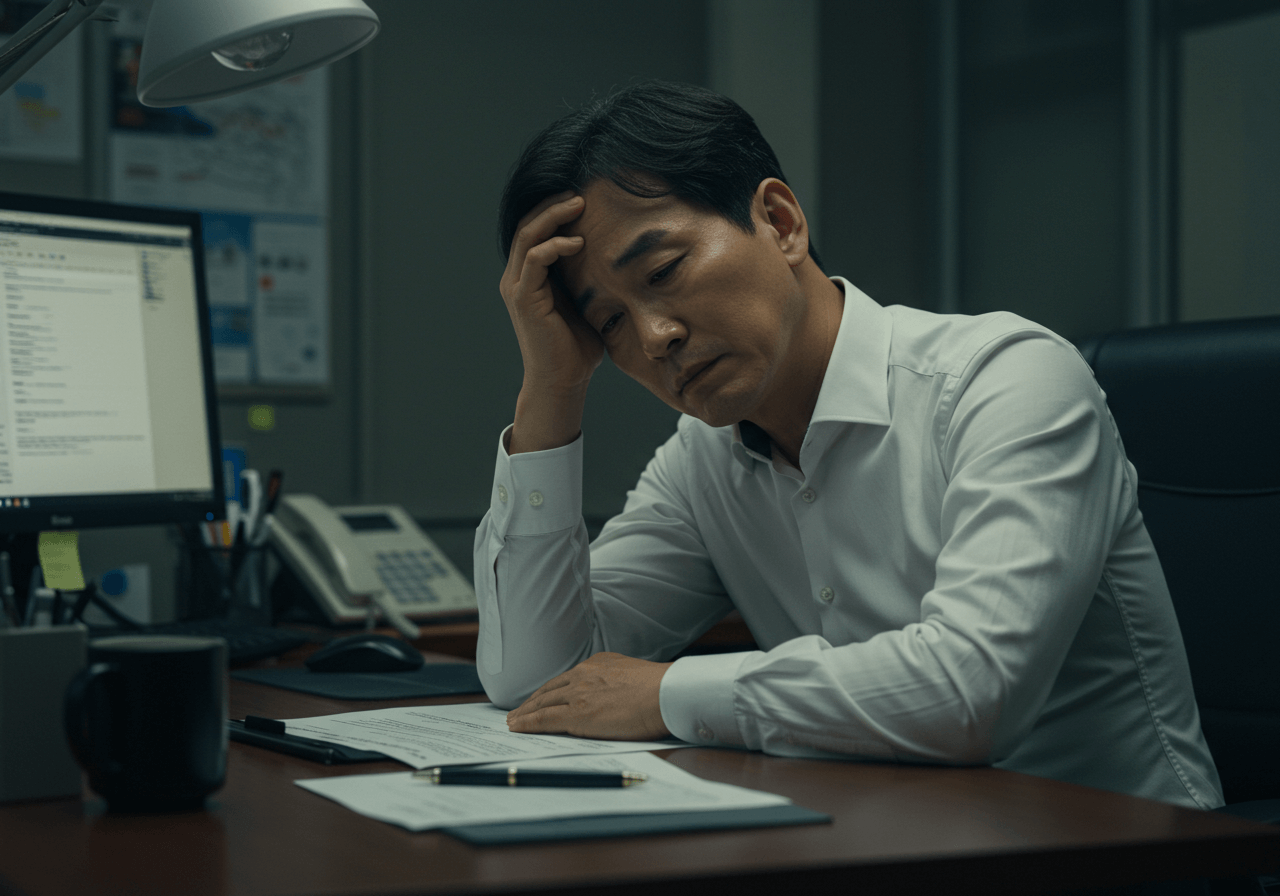사무실 책상에서 피곤한 표정으로 이마를 짚고 있는 40~50대 한국인 남성