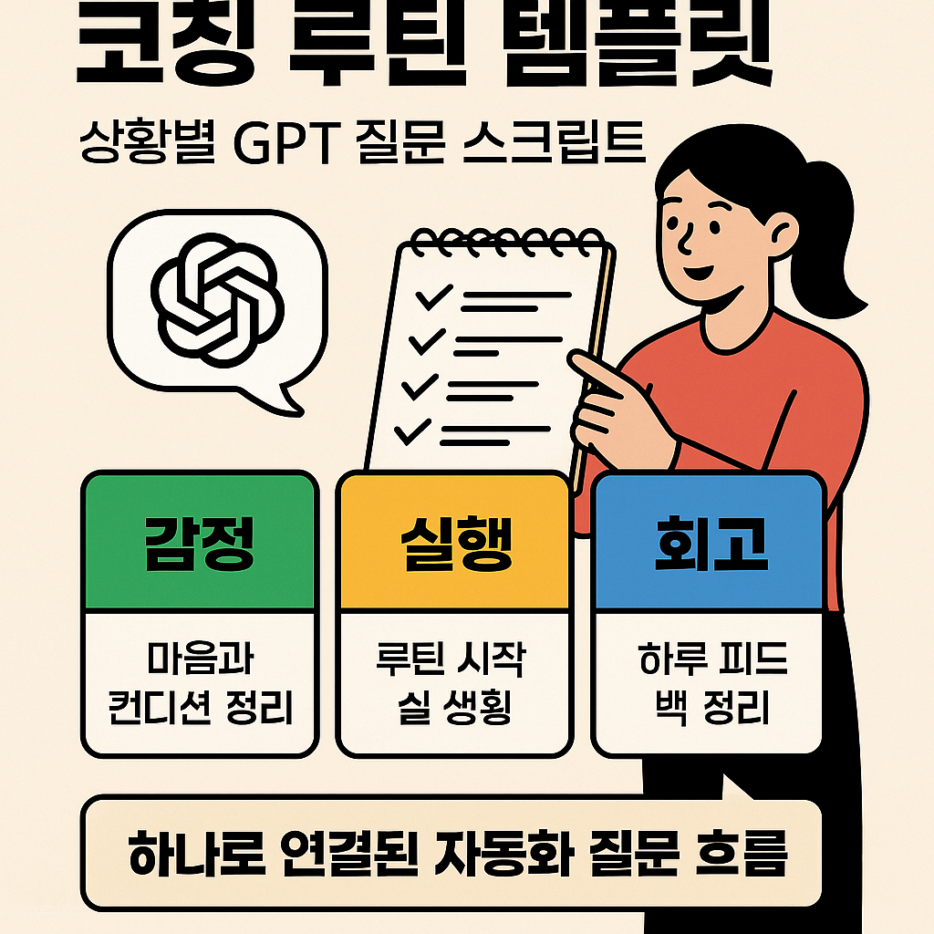 ChatGPT를 활용해 감정 점검부터 실행, 회고까지 자동으로 이어지는 루틴 템플릿 스크립트를 안내하는 인포그래픽 스타일 일러스트 &ndash; 일상 자동화를 위한 질문 흐름을 시각화