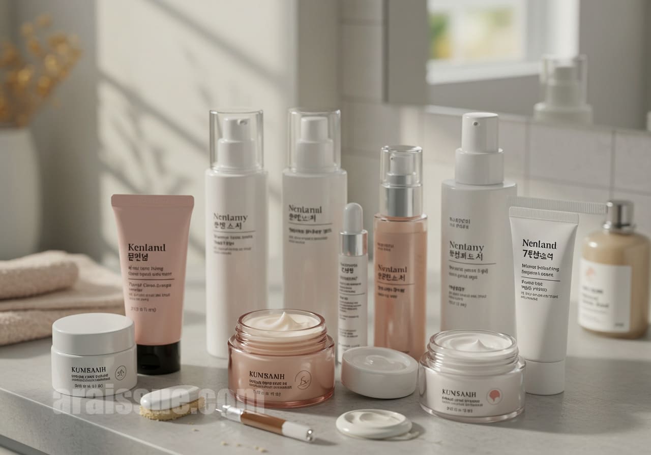 욕실 선반 위에 아토피 전용 보습제와 처방 연고, 로션 등이 단계별로 정리되어 있는 장면입니다. 실제 제품 구성이 현실감 있게 표현돼 있습니다.