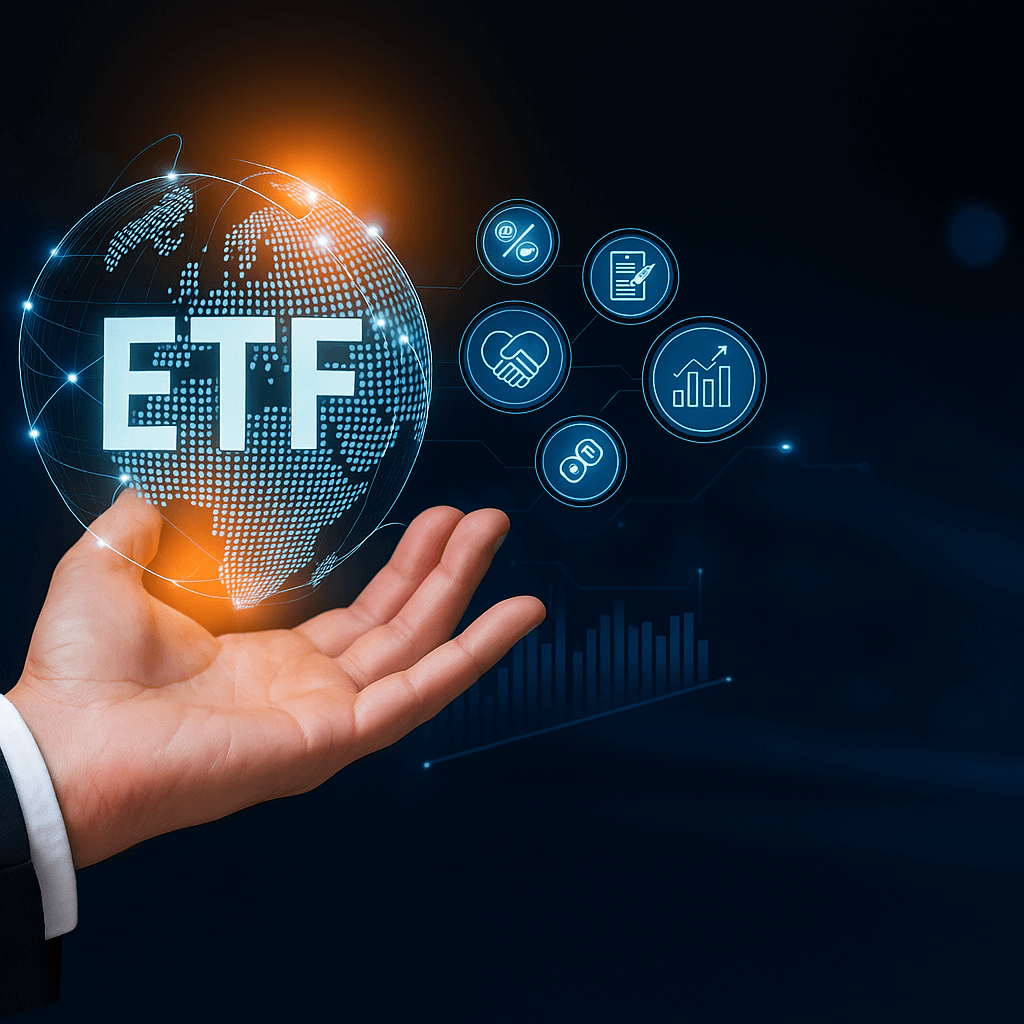 ETF 글자사 세겨진 디지털 무늬 지구본을 들고 있는 남성의 손