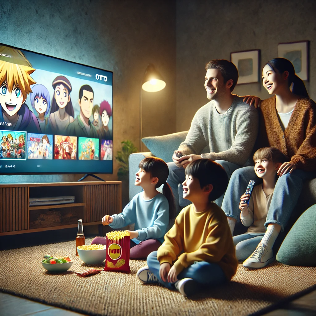 가족이 TV 앞에서 애니메이션 시리즈를 즐기는 모습.