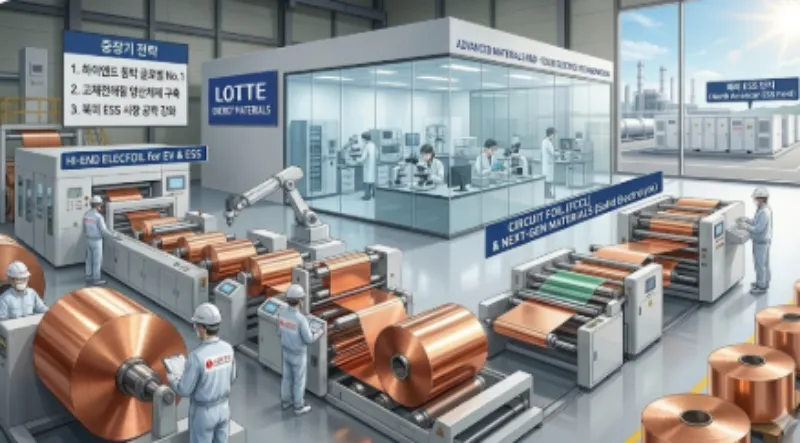전기차 배터리에 사용되는 초박막 동박 소재 산업 개념 이미지