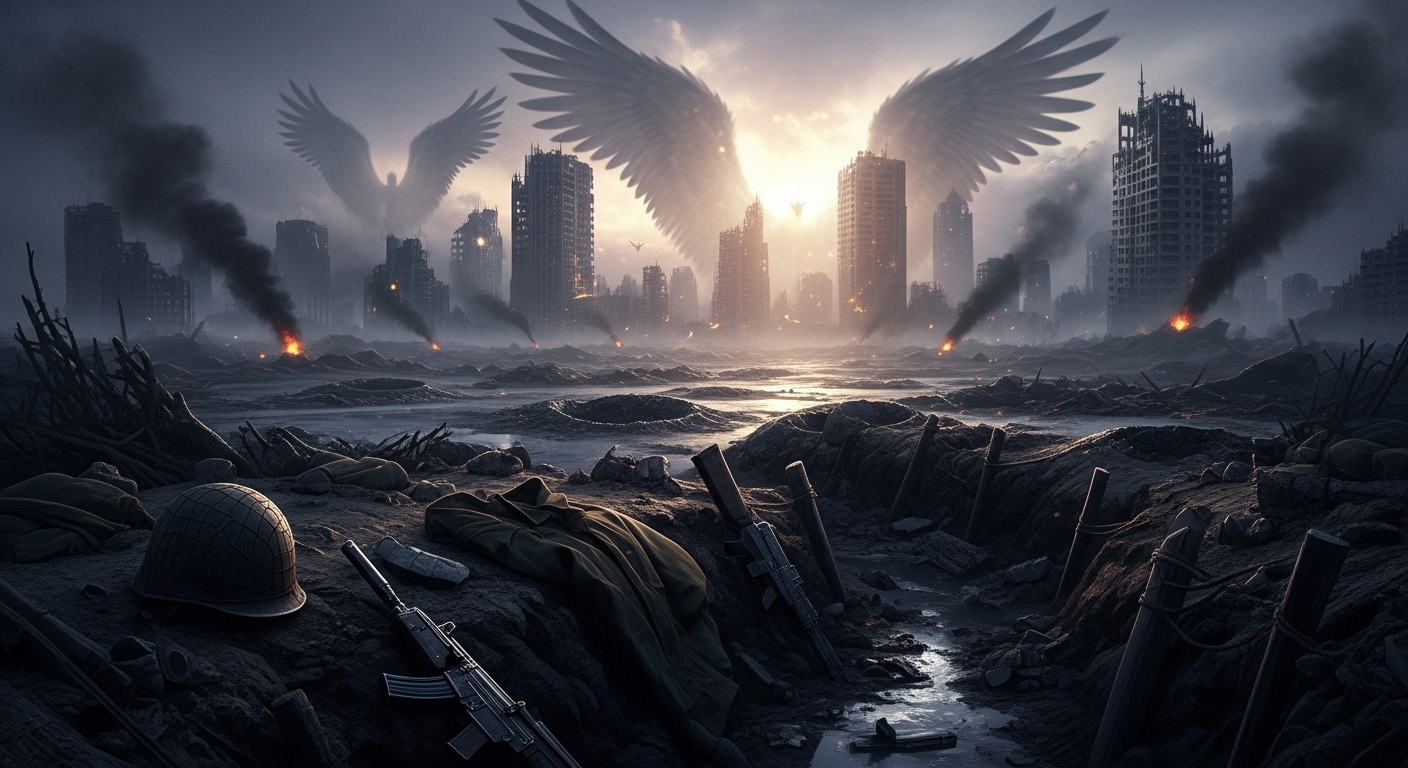 어둡고 황량한 전쟁터 풍경, 멀리서 천사들의 전투가 벌어지는 듯한 희미한 빛과 그림자가 보이는 종말론적인 이미지. 영화 더 프로페시의 세계관을 암시.