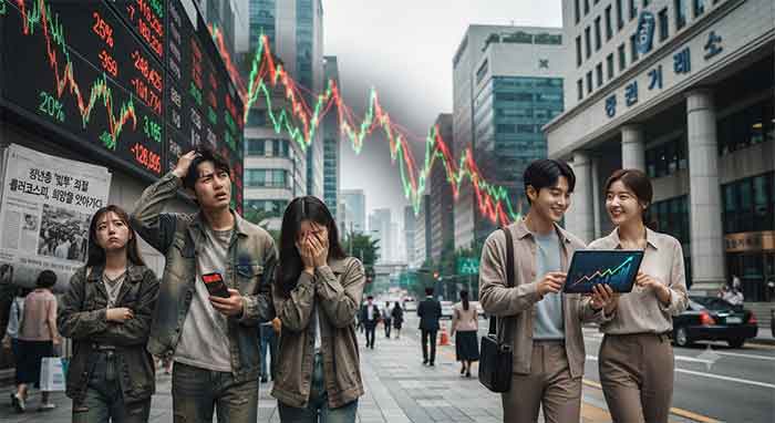 증권가 앞의 좌절한 청년들과 대비되는 웃는 청년들.