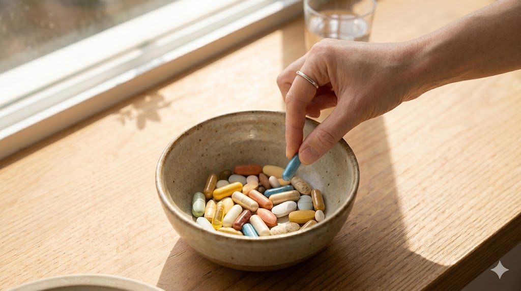 "밝은 우드 테이블 위에 투명한 물컵과 함께 여러 종류의 건강기능식품 알약(캡슐)들이 놓여 있는 모습. 아침 햇살이 비치는 깔끔하고 건강한 느낌의 실사 이미지."