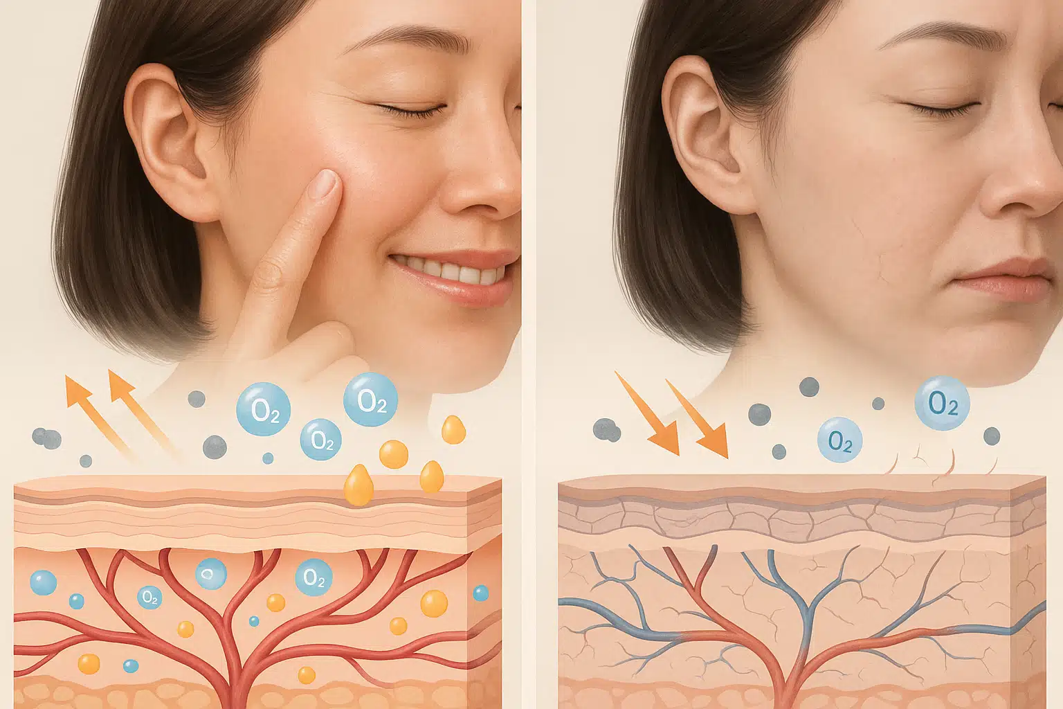 혈액순환이 원활한 피부와 저하된 피부 비교 – 영양과 산소 공급이 줄어든 피부가 더 쉽게 손상되는 모습