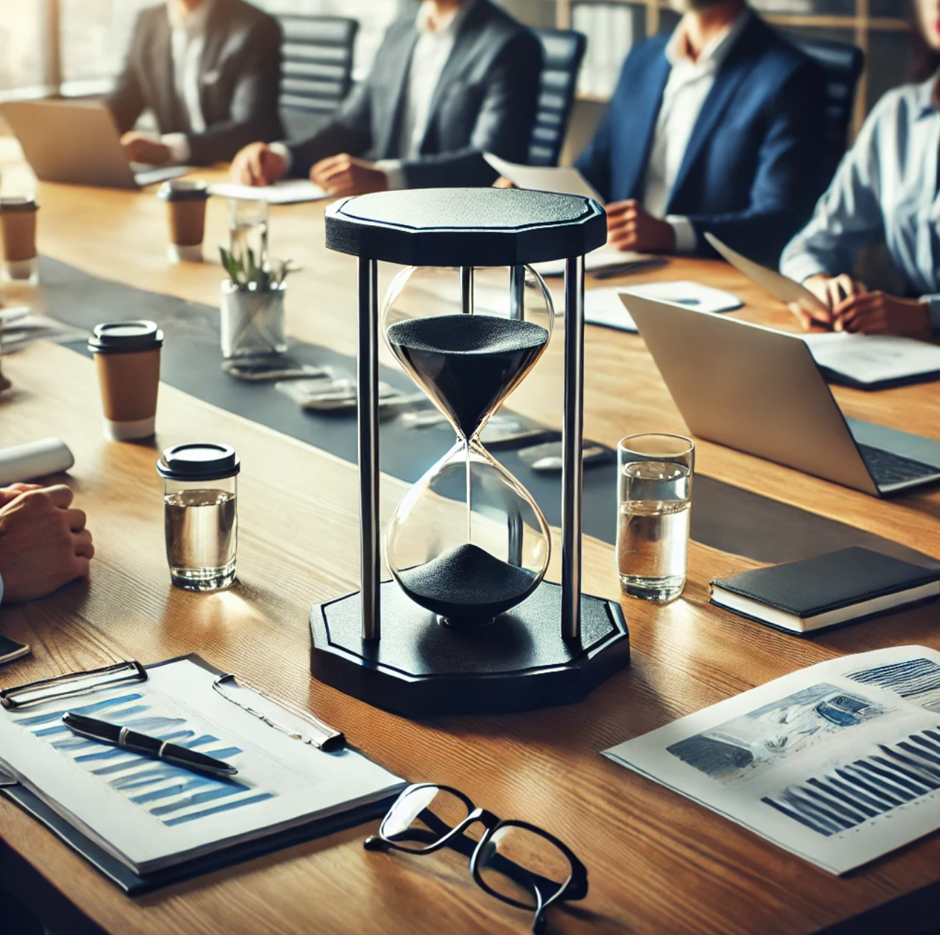 회의 테이블 중앙에 모래시계가 놓여 있는 이미지
