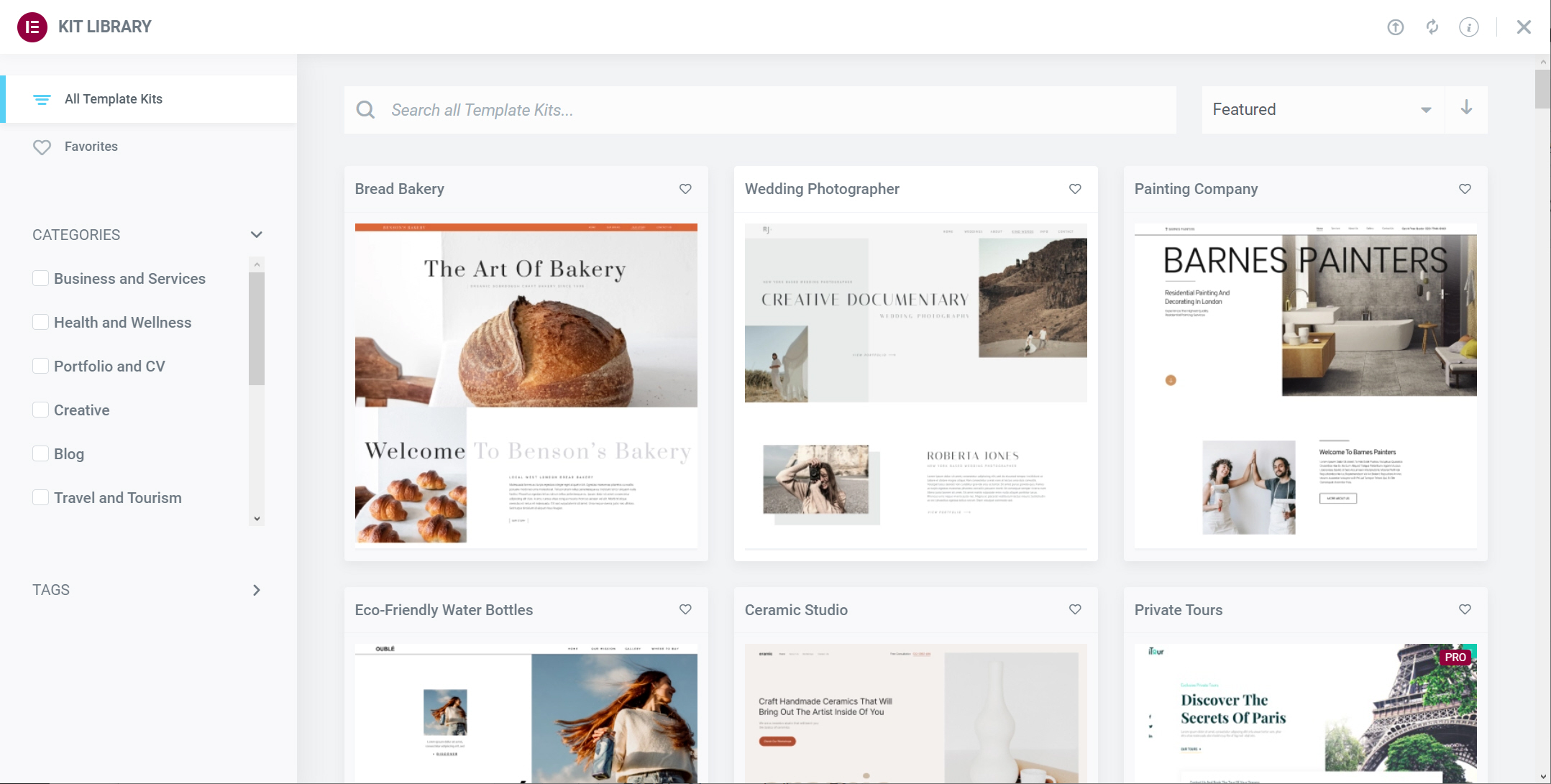 엘리멘터 키트 라이브러리(Elementor Kits Library) 메뉴