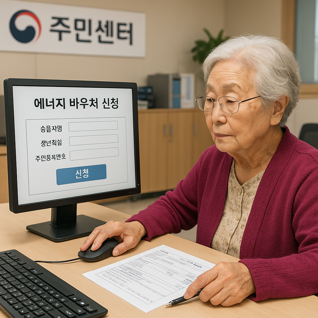 주민세터에서 저소득층 에너지 바우처 신청하는 할머니 