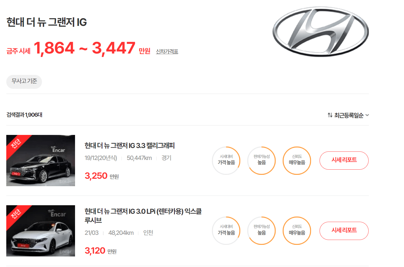 더 뉴 그랜저 IG-하이브리드-중고차-가격 