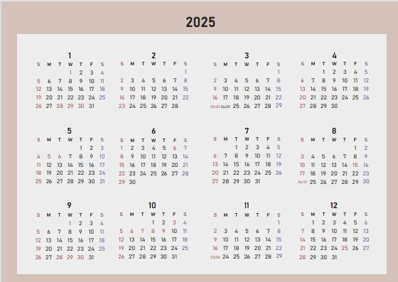2025 달력 6가지 색상 무료 다운로드4