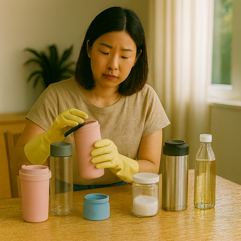 식탁 위에 스테인리스, 플라스틱, 유리, 실리콘 소재의 텀블러가 놓여 있고, 여성은 고무장갑을 낀 채 텀블러를 세척 준비 중이다. 주변에는 베이킹소다 통과 식초 병이 놓여 있다.